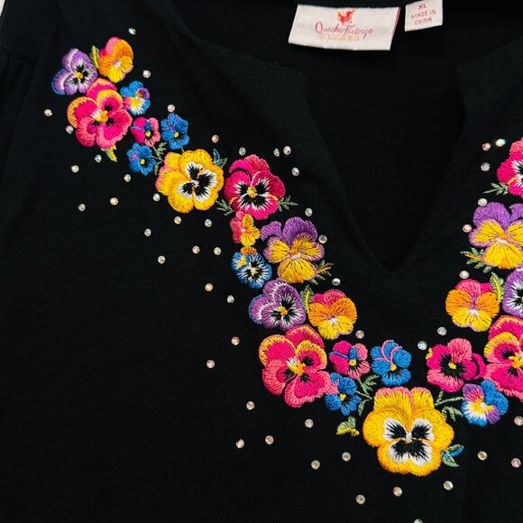 Quacker Factory by Jeanne Bice Size XL Top Black Embellished Embroidered Stretch - Picture 8 of 13